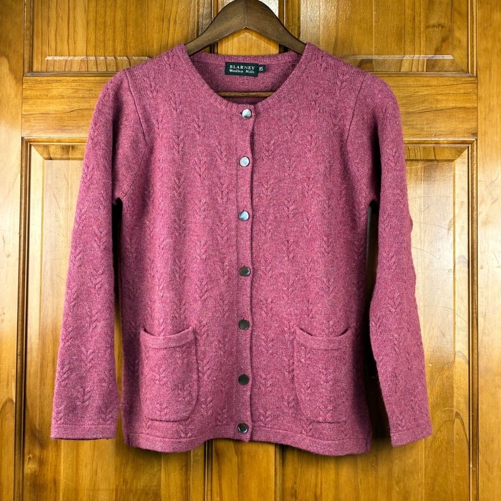 Blarney Woollen Mills Pink Lambswool Angora Cardigan Sweater XS Irish Knit